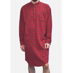 Lee Valley M Cotton Flannel Nightshirt Red Tartan Plaid Henley Button Long Sleep